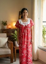 Comfortable Cotton Nighty With Hakoba Round Neck - 55 Inches Long - Red - Image 2