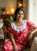 Comfortable Cotton Nighty With Hakoba Round Neck - 55 Inches Long - Red