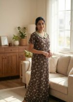 Comfortable Churidar Model Cotton Nighty With Peter Pan Collar- 55 Inches Long - Coffee Brown - Image 2