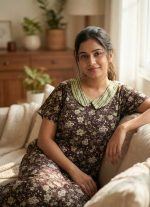 Comfortable Churidar Model Cotton Nighty With Peter Pan Collar- 55 Inches Long - Coffee Brown