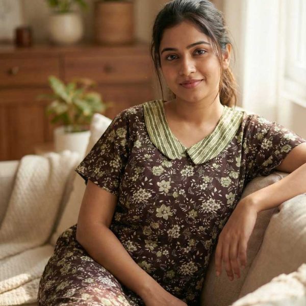 Comfortable Churidar Model Cotton Nighty With Peter Pan Collar- 55 Inches Long - Coffee Brown