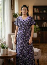 Comfortable Churidar Model Cotton Nighty With Peter Pan Collar- 55 Inches Long - Black - Image 2