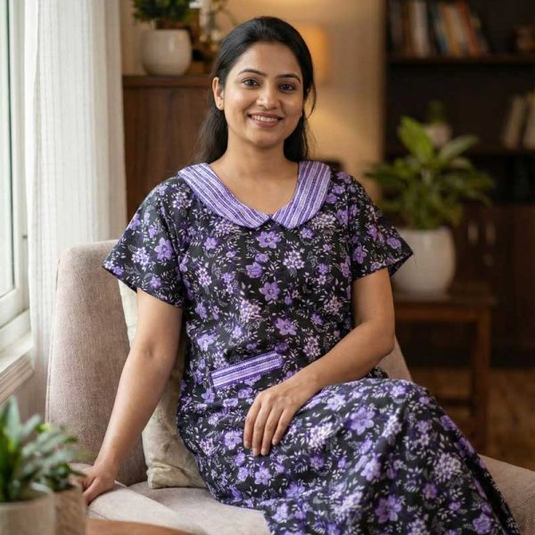 Comfortable Churidar Model Cotton Nighty With Peter Pan Collar- 55 Inches Long - Black