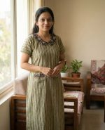 Comfortable Churidar Model Cotton Nighty With Peter Pan Collar- 55 Inches Long - Light Green - Image 2