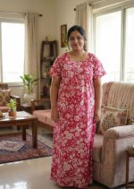 Comfortable Front Open Cotton Nighty With Zip- 57 inches long -Magenta - Image 2