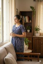 Traditional cotton nighty, Thali detailing on neck, 55 Inches Length - Blue colour - Image 2