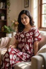 Traditional cotton nighty, Thali detailing on neck, 55 Inches Length - Maroon colour