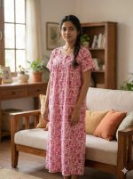 Front Open Cotton Nighty With Buttons, 55 Inches Long, Cream + Pink colour - Image 2