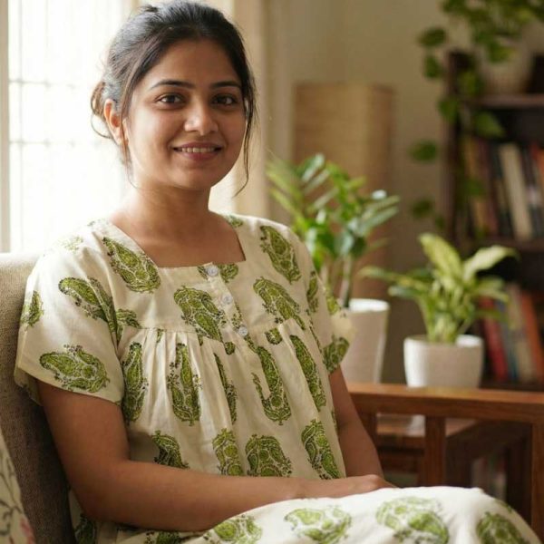 Front Open Cotton Nighty With Buttons, 55 Inches Long, Square Neck - Green + White