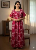 Traditional cotton nighty, 55 Inches Length - Majenta Colour - Image 2