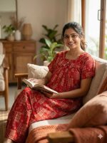 Traditional Ajrakh Nighty, 55 Inches Length - Red