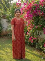 Traditional Ajrakh Nighty, 55 Inches Length - Red - Image 2