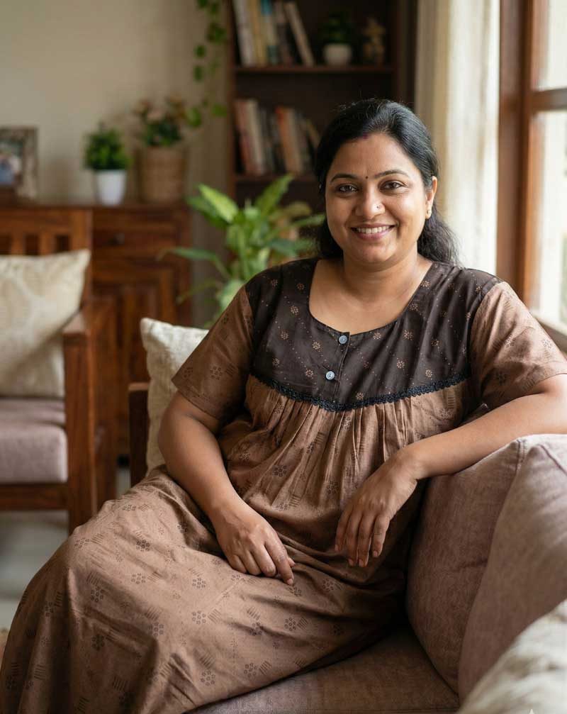 20.1 Comfortable Front Open Cotton Nighty With Buttons - 57 Inches long - Light Coffee Brown - Image 1