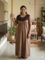 Comfortable Front Open Cotton Nighty With Buttons - 57 Inches long - Light Coffee Brown - Image 2