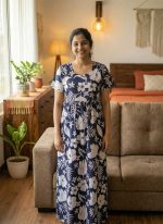 Comfortable Frock Model Cotton Nighty - 55 Inches Long - Dark Blue - Image 3