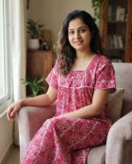 Traditional cotton nighty, 55 Inches Length - Magenta