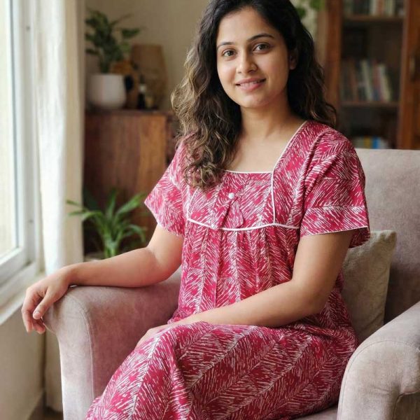 Traditional cotton nighty, 55 Inches Length - Magenta