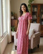 Traditional cotton nighty, 55 Inches Length - Magenta - Image 2