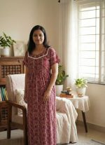 Comfortable Frock Model Cotton Nighty - 55 Inches Long - Maroon - Image 2