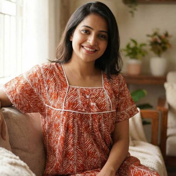 Traditional cotton nighty, 55 Inches Length - Brown