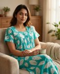 Traditional cotton nighty, Thali detailing on neck, 55 Inches Length - Turquoise green colour