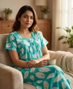 Traditional cotton nighty, Thali detailing on neck, 55 Inches Length - Turquoise green colour