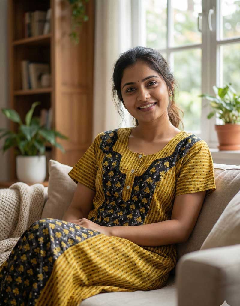 21.1 Comfortable Churidar Model Cotton Nighty - 55 Inches Long - Yellow - Image 1