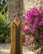 Comfortable Churidar Model Cotton Nighty - 55 Inches Long - Yellow - Image 2