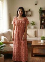 Traditional cotton nighty, 55 Inches Length - Brown - Image 2
