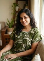 Traditional cotton nighty, 55 Inches Length - Green