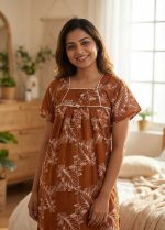 Traditional cotton nighty, 55 Inches Length - Brown - Image 2