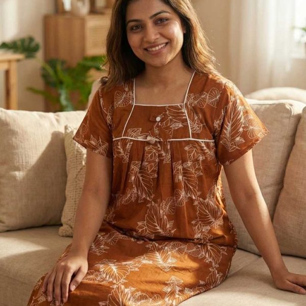 Traditional cotton nighty, 55 Inches Length - Brown