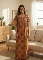 Traditional cotton nighty, 55 Inches Length - Brown - Image 3