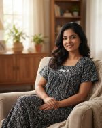 Traditional cotton nighty, 55 Inches Length - Black