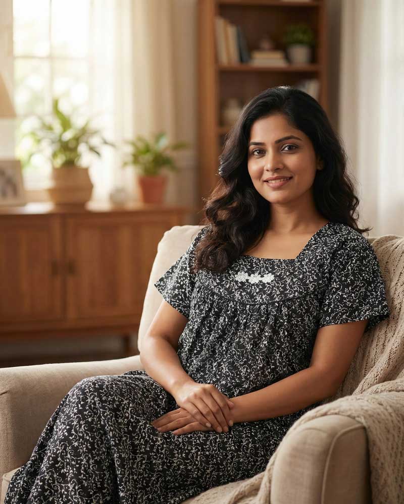 219 Traditional cotton nighty, 55 Inches Length - Black - Image 1