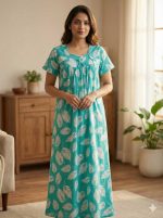 Traditional cotton nighty, Thali detailing on neck, 55 Inches Length - Turquoise green colour - Image 2
