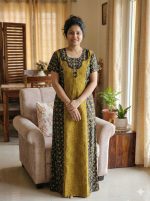 Comfortable Churidar Model Cotton Nighty - 55 Inches Long - Yellow - Image 2