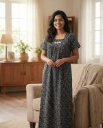 Traditional cotton nighty, 55 Inches Length - Black - Image 2