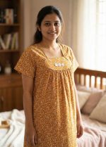 Traditional cotton nighty, 55 Inches Length - Golden Yellow - Image 3