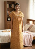 Traditional cotton nighty, 55 Inches Length - Golden Yellow - Image 2