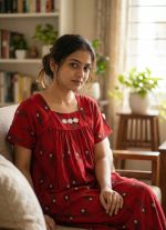 Traditional cotton nighty, 55 Inches Length - Red