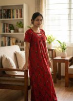 Traditional cotton nighty, 55 Inches Length - Red - Image 2