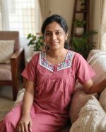 Front Open Cotton Nighty With Embroidary Neck, 55 Inches Long - Onion Pink