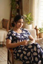 Traditional cotton nighty, Thali detailing on neck, 55 Inches Length - Blue colour