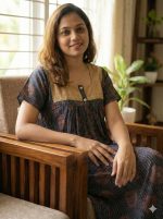 Comfortable Front Open Ajrakh Nighty With Buttons, Hakoba Yoke - 55 inches long - Blue