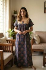 Comfortable Front Open Ajrakh Nighty With Buttons, Hakoba Yoke - 55 inches long - Blue - Image 2