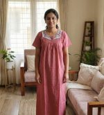Front Open Cotton Nighty With Embroidary Neck, 55 Inches Long - Onion Pink - Image 2