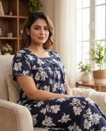 Traditional cotton nighty, 55 Inches Length - Dark Blue