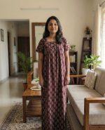 Front Open  Ajrak Cotton Nighty With Buttons, 55 Inches Long, Square Neck - Maroon - Image 2