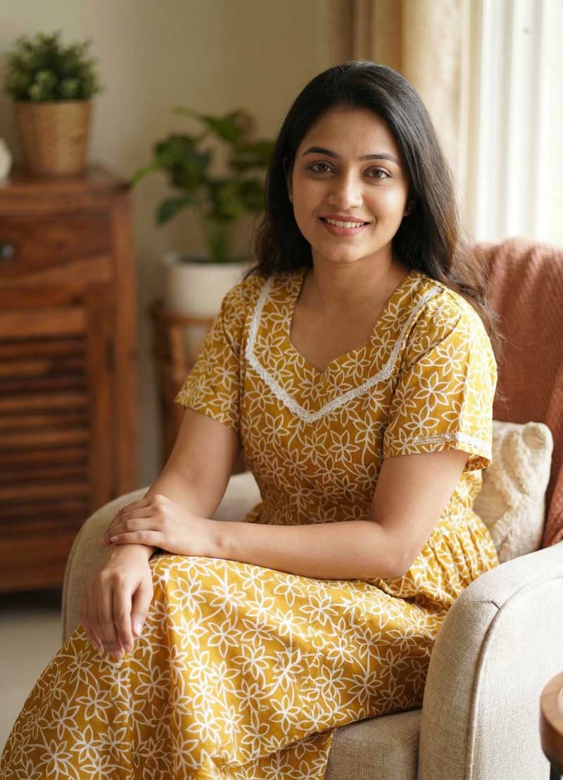 237 Comfortable Frock Model Cotton Nighty - 55 Inches Long - Golden Yellow - Image 1